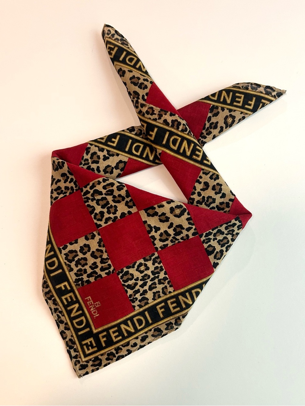 FENDI HANDKERCHIEF COTTON Red Brown Leopard Tiger Print POCKET SQUARE 19”